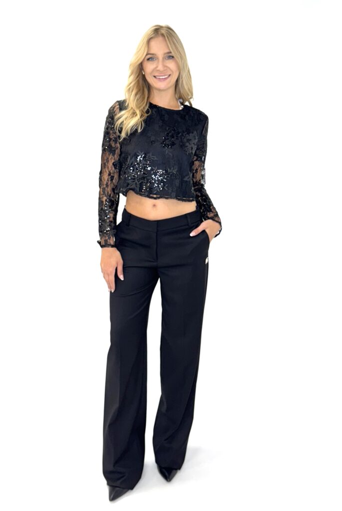 SPODNIE CZARNE Z MATERIAŁU Z SZEROKĄ NOGAWKĄ REVISE OLIVIA