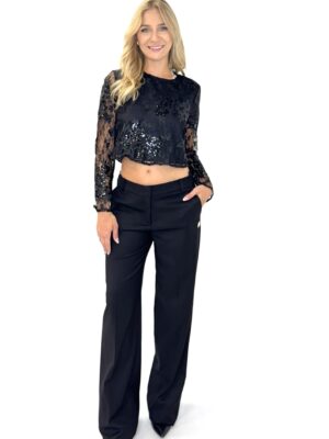 SPODNIE CZARNE Z MATERIAŁU Z SZEROKĄ NOGAWKĄ REVISE OLIVIA