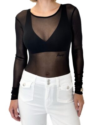 BLUZKA CZARNE BODY Z SIATECZKI Z DŁUGIM RĘKAWEM REVISE LAURO