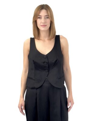 KAMIZELKA CZARNA ZAPINANA NA GUZIKI Z WISKOZY I LNU PIA B SACELI