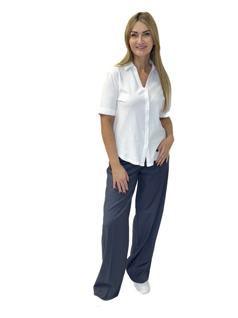 BLUZKA BIAŁA BAWEŁNA Z LNEM KOŁNIERZYK, KRÓTKI RĘKAW MOS MOSH 168620 - obrazek 3