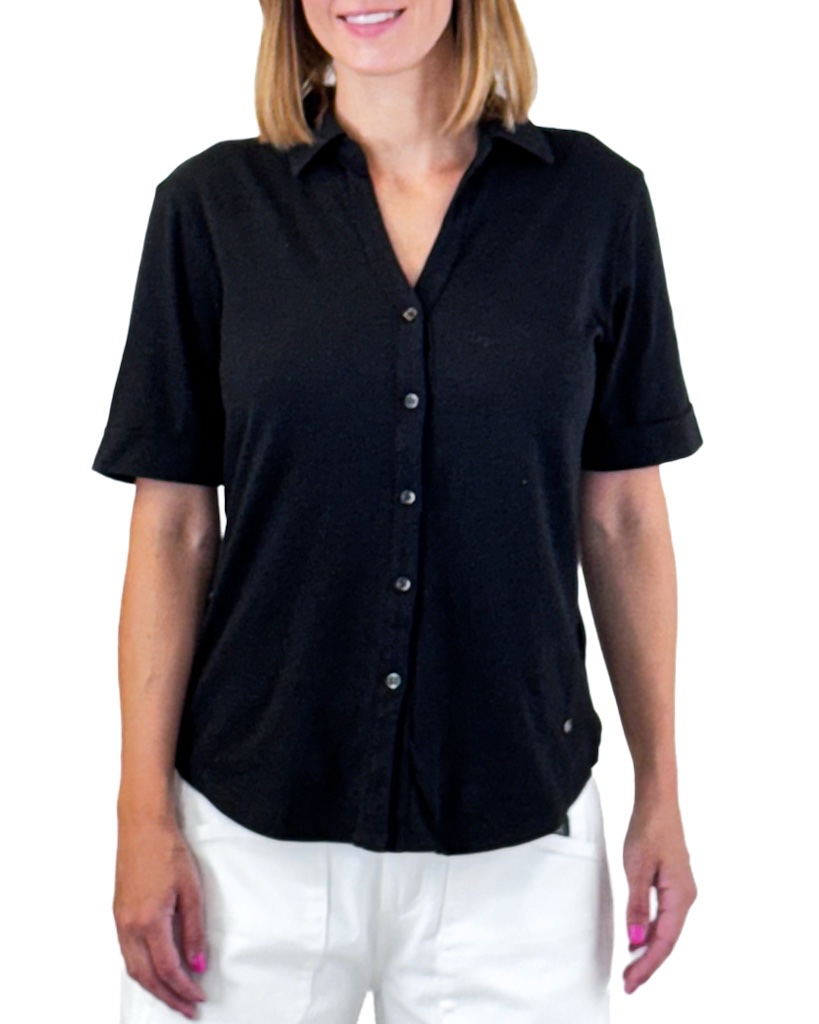 BLUZKA CZARNA BAWEŁNA Z LNEM KOŁNIERZYK, KRÓTKI RĘKAW MOS MOSH 168620 - obrazek 4