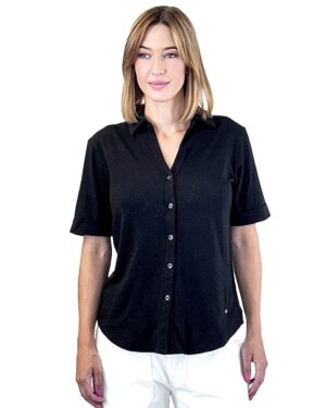 BLUZKA CZARNA BAWEŁNA Z LNEM KOŁNIERZYK, KRÓTKI RĘKAW MOS MOSH 168620