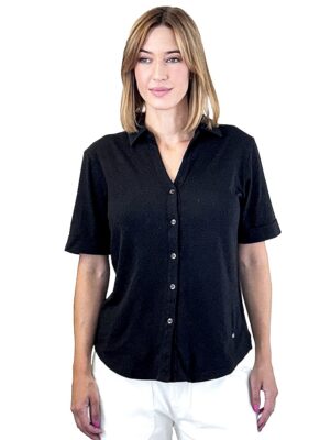 BLUZKA CZARNA BAWEŁNA Z LNEM KOŁNIERZYK, KRÓTKI RĘKAW MOS MOSH 168620