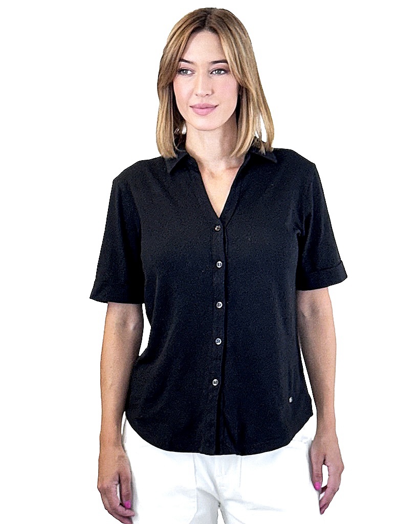 BLUZKA CZARNA BAWEŁNA Z LNEM KOŁNIERZYK, KRÓTKI RĘKAW MOS MOSH 168620