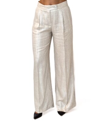 SPODNIE KREMOWE ZE SREBRNĄ NITKĄ SZEROKIE LEKKIE SILENCE SLPA272