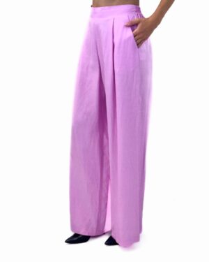 SPODNIE RÓŻOWE Z DŁUGĄ SZEROKĄ NOGAWKĄ Z WISKOZY I LNU PIA B PACELI