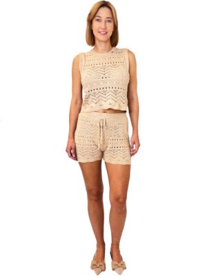KOMPLET KRÓTKIE SPODENKI I BLUZKA AŻURKOWE CAMELOWY ROBERTA BIAGI COM0769