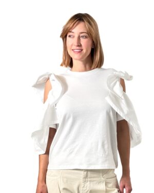 BLUZKA BIAŁA Z FALBANAMI I WYCIĘCIAMI NA RĘKAWACH  M37F1408