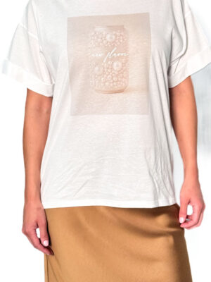 BLUZKA BIAŁA Z KRÓTKIM RĘKAWEM, BEŻOWY NADRUK I CEKINY IMPERIAL TW99JGT