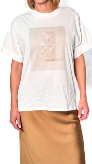 BLUZKA BIAŁA Z KRÓTKIM RĘKAWEM, BEŻOWY NADRUK I CEKINY IMPERIAL TW99JGT