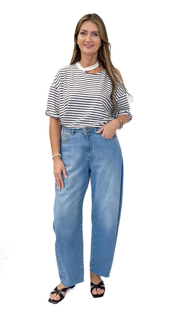 BLUZKA W PASKI LUŹNA Z KRÓTKIM RĘKAWEM VICOLO UD0268 - obrazek 3