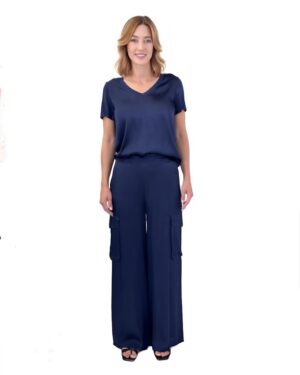 GRANATOWA BLUZKA Z KRÓTKIM RĘKAWEM Z WISKOZY PIA B SAVICO