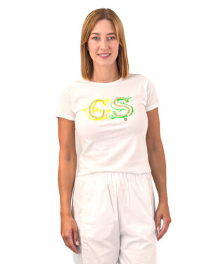 BIAŁY T-SHIRT Z PEREŁKAMI I ŁAŃCUSZKIEM GIL 21CPT589