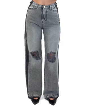SZARE SZEROKIE JEANSY Z PRZETARCIAMI MOM TAMARA