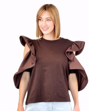 BLUZKA CZEKOLADOWA Z FALBANAMI I WYCIĘCIAMI NA RĘKAWACH  M37F1408