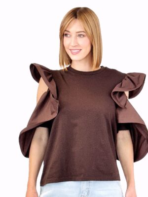 BLUZKA CZEKOLADOWA Z FALBANAMI I WYCIĘCIAMI NA RĘKAWACH  M37F1408