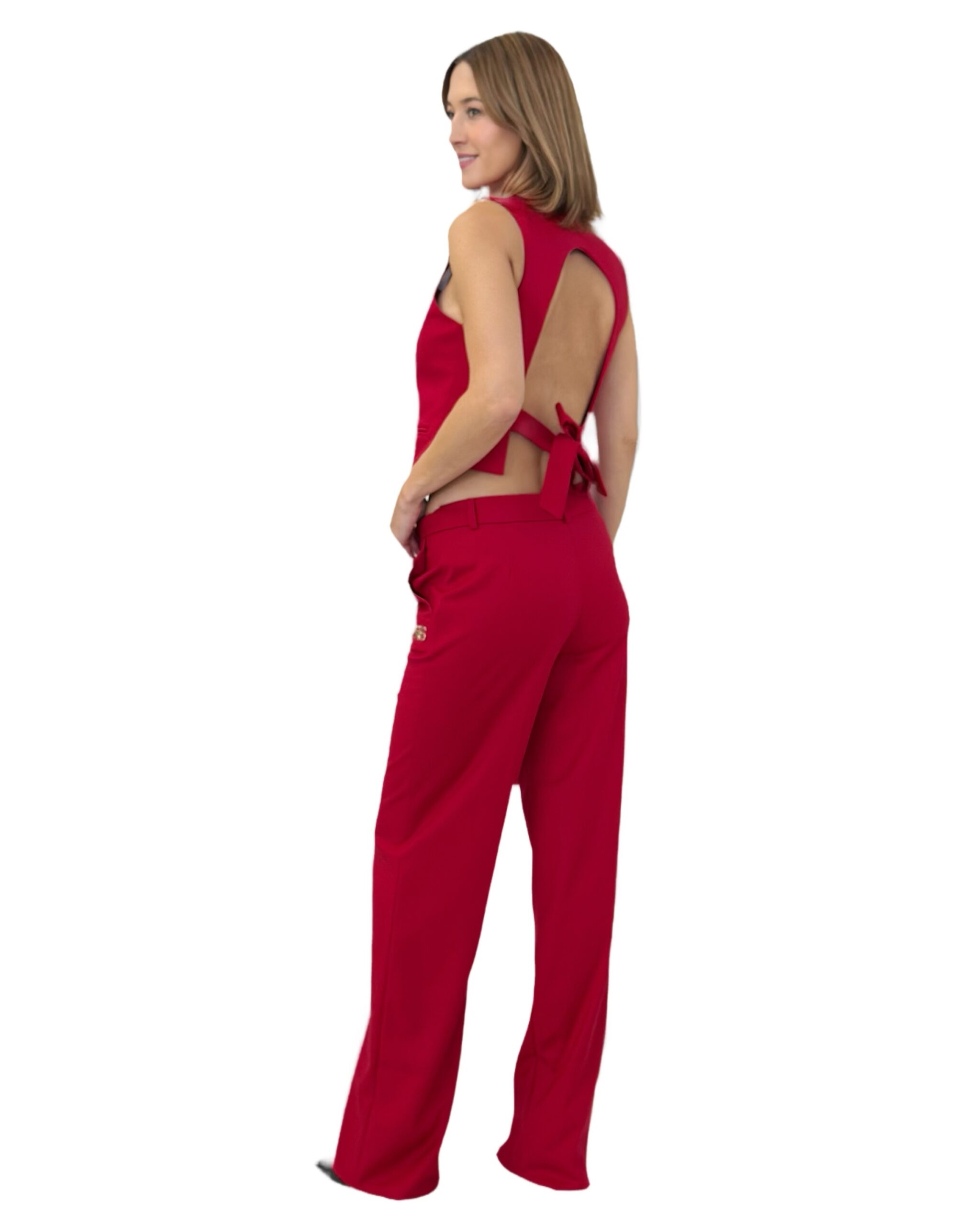 SPODNIE CZERWONE Z MATERIAŁU Z SZEROKĄ NOGAWKĄ REVISE OLIVIA - obrazek 3