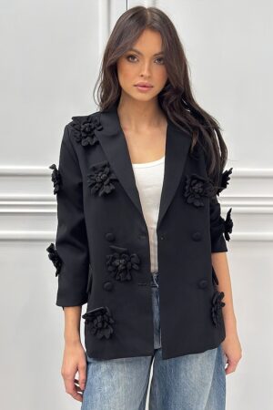 czarna elegancka marynarka damska z kwiatami