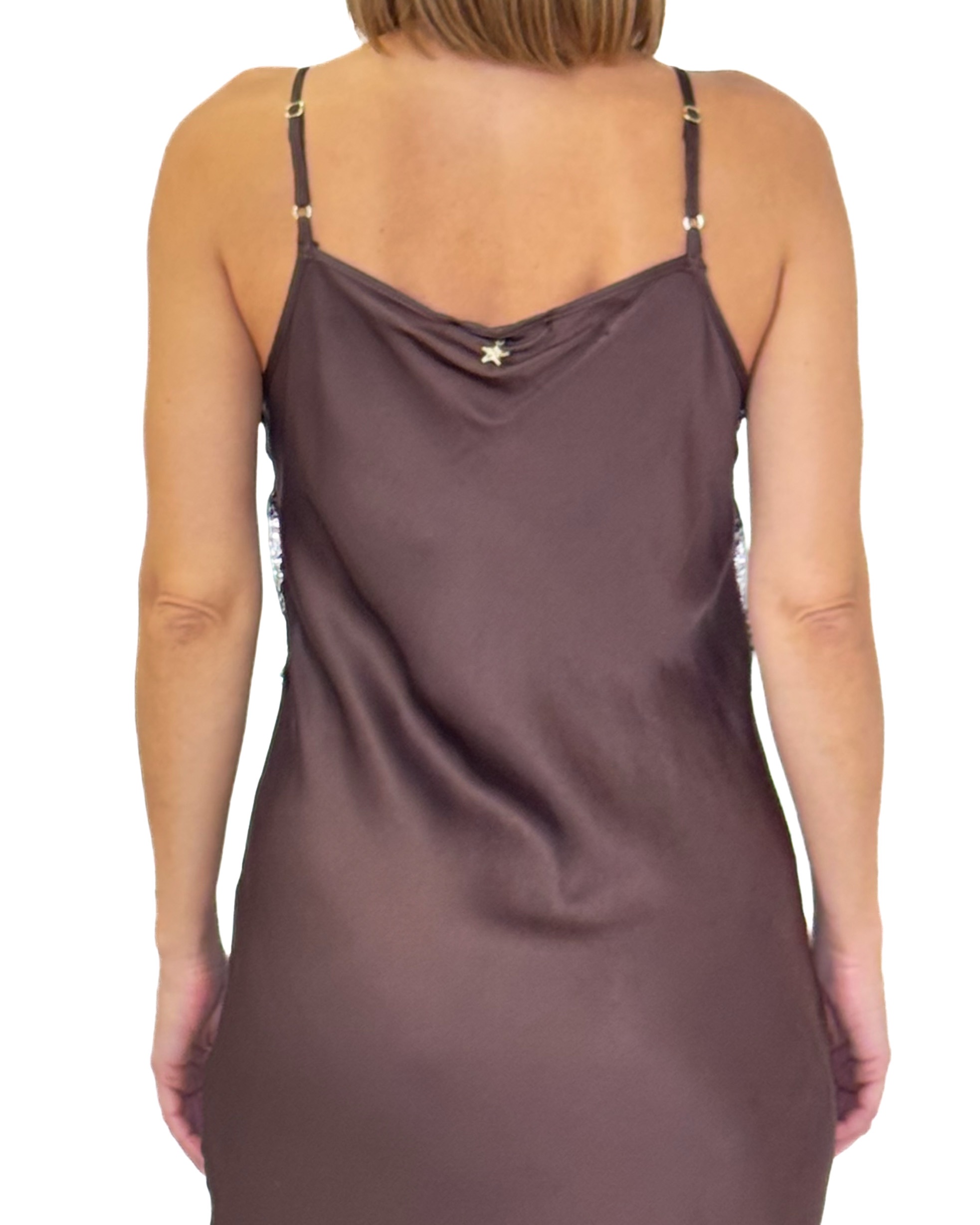 DŁUGA BRĄZOWA SATYNOWA SUKIENKA SOUVENIR S38M - obrazek 4