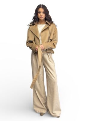 KRÓTKI WEŁNIANY CAMELOWY PŁASZCZ MALEJ 420970-19058