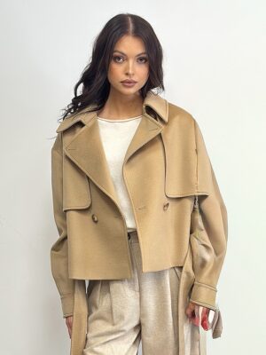 płaszcz wełniany brąz jasny wiązany