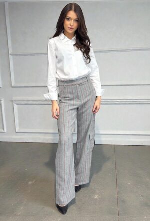 Szare spodnie z wełną w prążek Malej 421040-19094