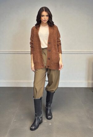 Brązowy sweter kardigan z alpaką Mos Mosh 156270