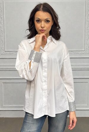 Biała damska koszula oversize z długim rękawem 23-671/MO